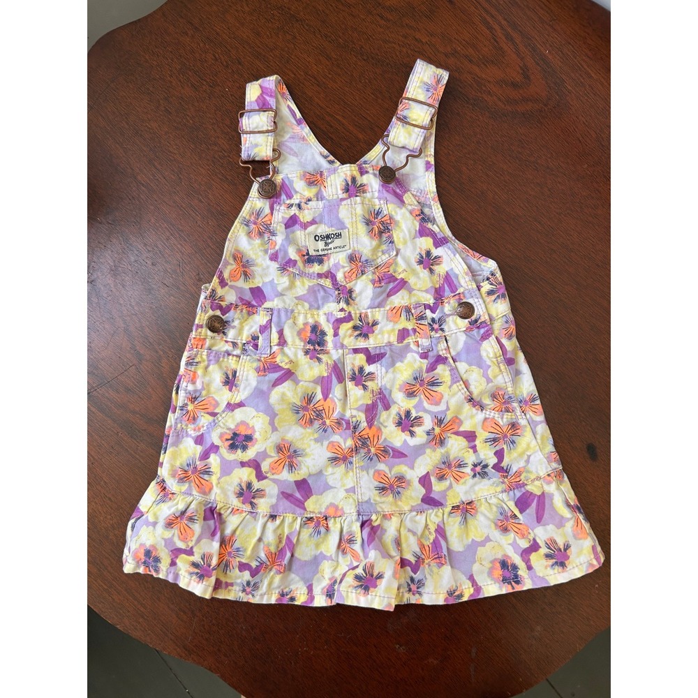 OshKosh Bgosh Girls 24M Floral Overall Jumper Dress Purple Yellow Ruffle Hem